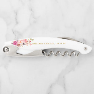 Elegant Watercolor Pink Floral Gold Wedding Waiter's Corkscrew