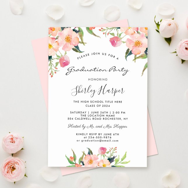 Elegant Watercolor Pink Floral Graduation Party Invitation (Creator Uploaded)