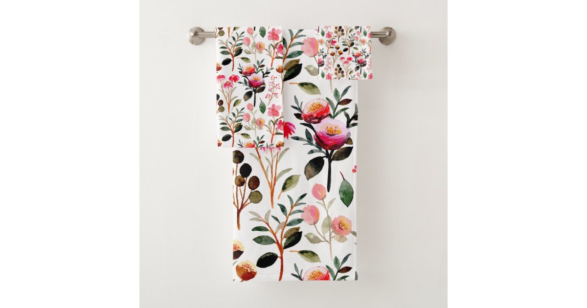 Elegant Watercolor Pink Floral Greenery Pattern Bath Towel Set | Zazzle