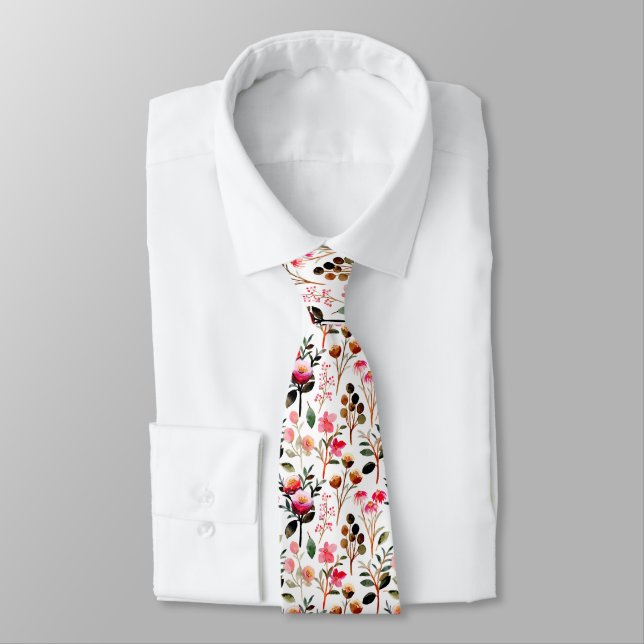 Elegant Watercolor Pink Floral Greenery Pattern  Neck Tie (Tied)