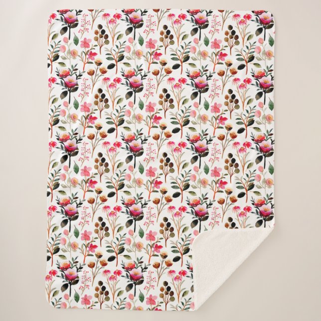 Elegant Watercolor Pink Floral Greenery Pattern Sherpa Blanket (Front)