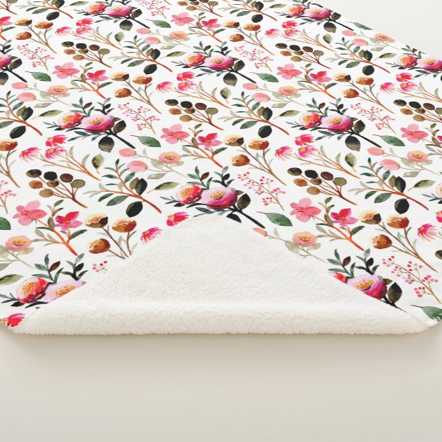 Elegant Watercolor Pink Floral Greenery Pattern Sherpa Blanket (3/4)
