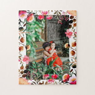 Elegant Watercolor Pink Floral Greenery Photo Jigsaw Puzzle
