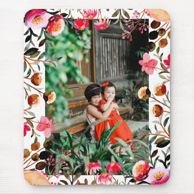 Elegant Watercolor Pink Floral Greenery Photo Mouse Pad (Front)