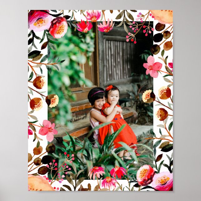 Elegant Watercolor Pink Floral Greenery Photo  Poster (Front)