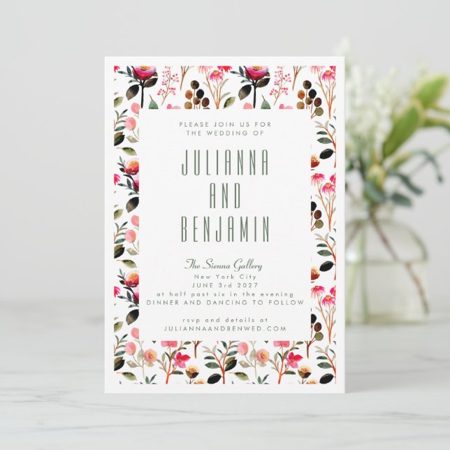 Elegant Watercolor Pink Floral Greenery Wedding Invitation (Standing Front)