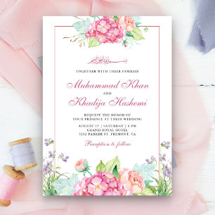 Elegant Watercolor Pink Floral Muslim Wedding Invitation