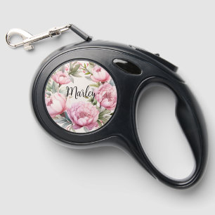 Elegant Watercolor Pink Floral Name and Address Retractable Pet Leash