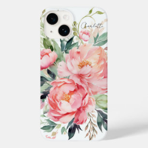 Elegant Watercolor Pink Floral Personalized Name Case-Mate iPhone 14 Case