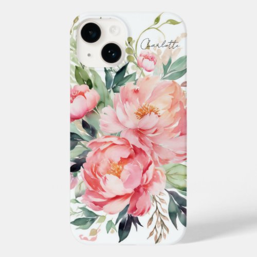 Elegant Watercolor Pink Floral Personalized Name Case_Mate iPhone 14 Case