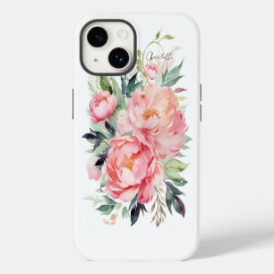 Elegant Watercolor Pink Floral Personalized Name iPhone 14 Case