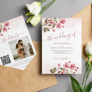 Elegant watercolor pink floral QR code wedding Invitation