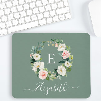 Elegant Watercolor Pink Floral Sage Green Monogram Mouse Pad