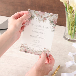 elegant watercolor pink floral save the date vellum invitations