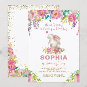Elegant Watercolor Pink Floral Some Bunny Birthday Invitation