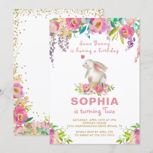 Elegant Watercolor Pink Floral Some Bunny Birthday Invitation