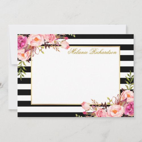 Elegant Watercolor Pink Floral Striped Note Card