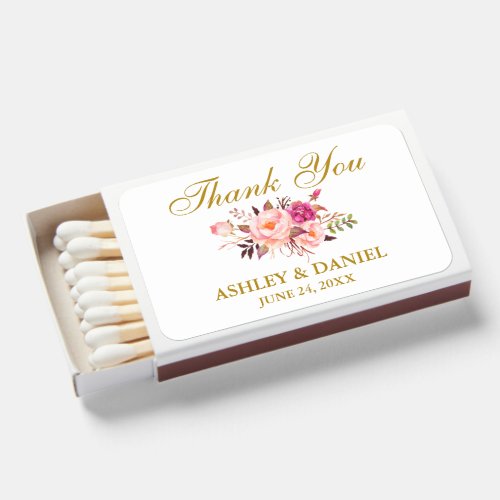 Elegant Watercolor Pink Floral Wedding Gold Matchboxes