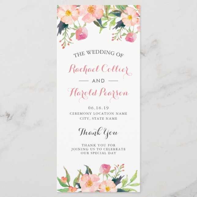 Elegant Watercolor Pink Floral Wedding Program (Front)