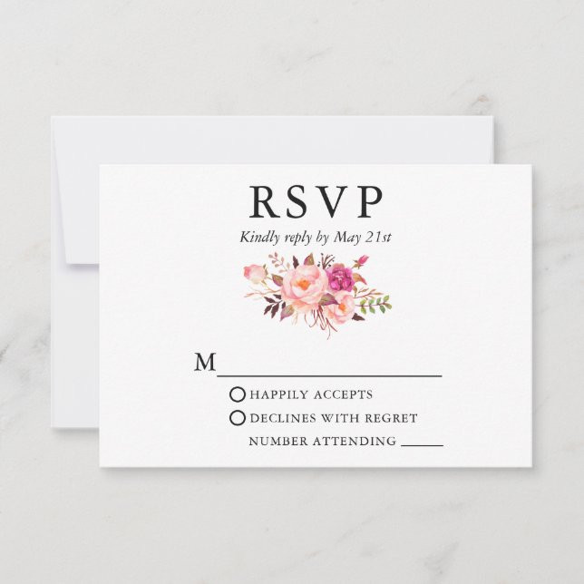 Elegant Watercolor Pink Floral Wedding RSVP Card (Front)