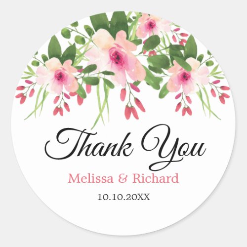 Elegant Watercolor Pink Floral Wedding Thank You Classic Round Sticker