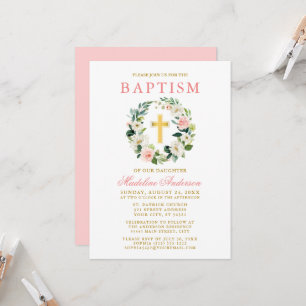 Elegant Watercolor Pink Floral Wreath Gold Baptism Invitation