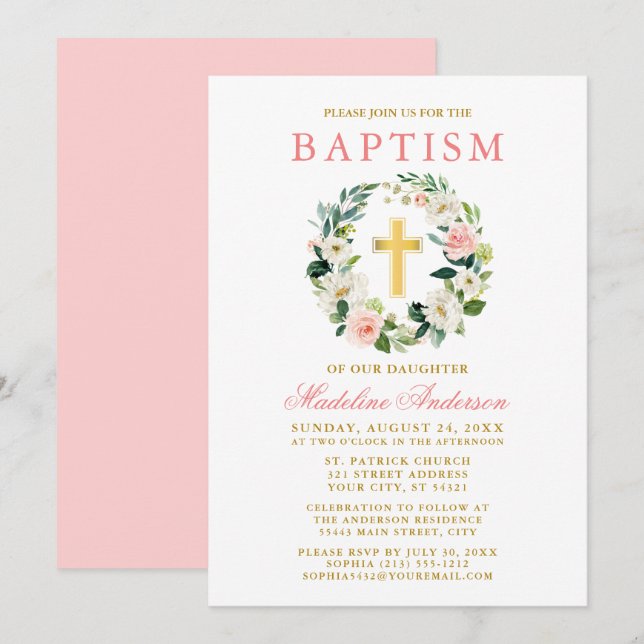 Elegant Watercolor Pink Floral Wreath Gold Baptism Invitation (Front/Back)