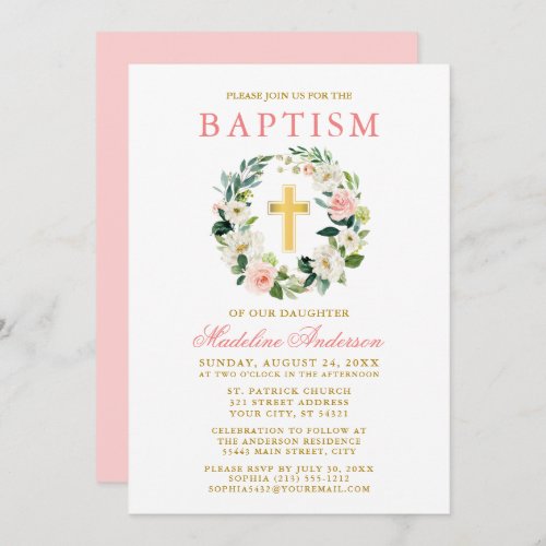 Elegant Watercolor Pink Floral Wreath Gold Baptism Invitation