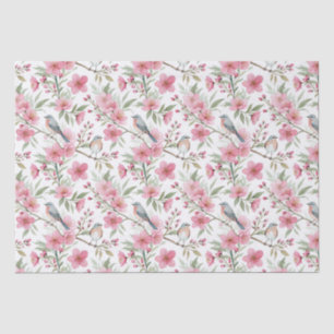 Elegant Watercolor Pink Flowers & Birds Decoupage Tissue Paper