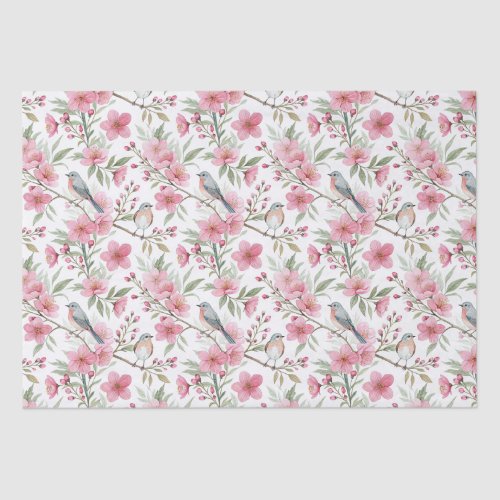 Elegant Watercolor Pink Flowers & Birds Decoupage Tissue Paper