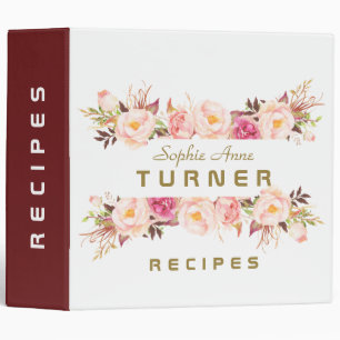 Elegant Watercolor Pink Flowers Frame Recipes 3 Ring Binder