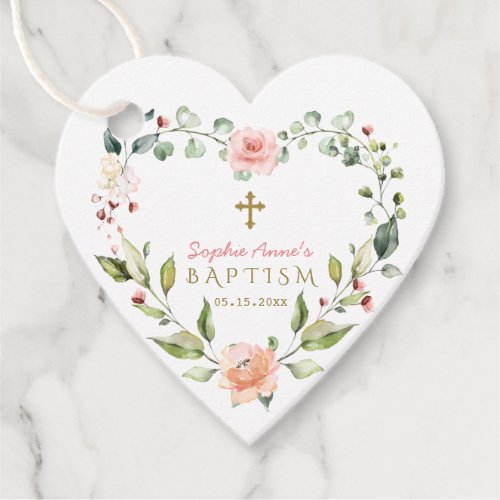 Elegant Watercolor Pink Flowers Gold Cross Baptism Favor Tags