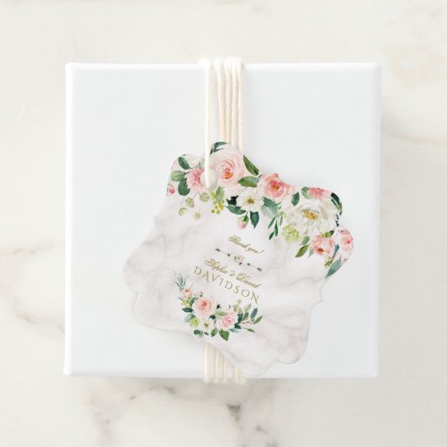 Elegant Watercolor Pink Flowers Marble Wedding Favor Tags