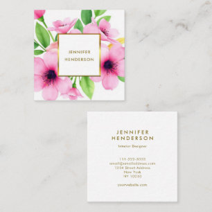Elegant watercolor pink flowers professional square business card