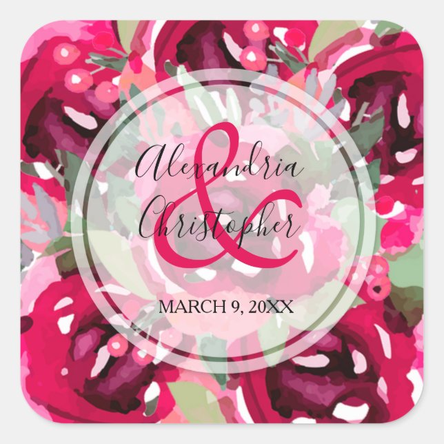 Elegant Watercolor Pink Flowers Square Sticker (Front)