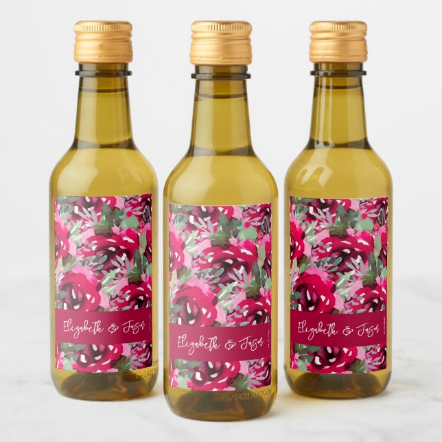 Elegant Watercolor Pink Flowers Wedding Mini Wine Label (Bottles)