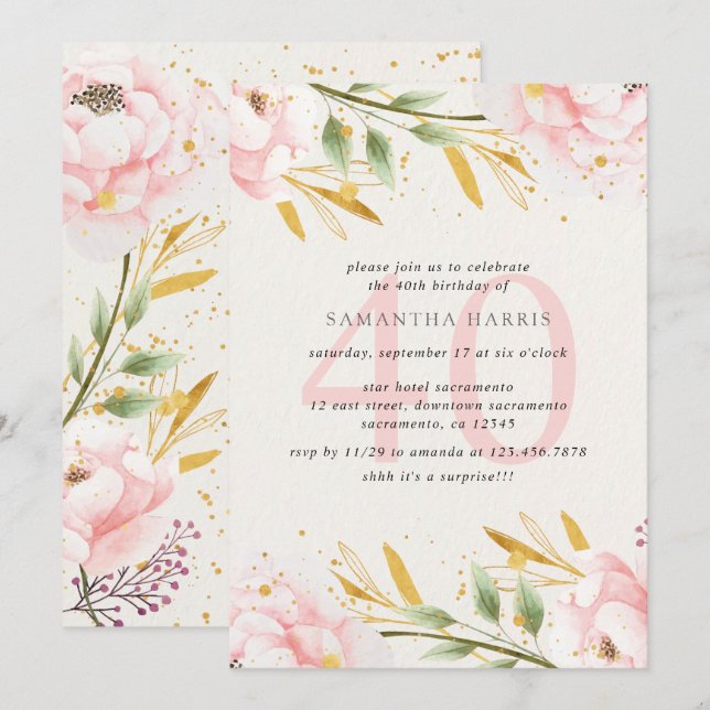 Elegant Watercolor Pink & Gold 40th Birthday Party Invitation (Front/Back)