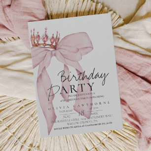 Elegant Watercolor Pink Gold Bow Birthday Party Invitation