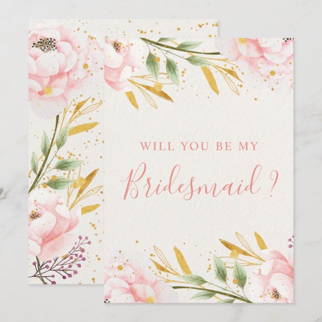 Elegant Watercolor Pink & Gold Bridesmaid Proposal Invitation (Front/Back)