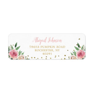 Elegant Watercolor Pink Gold Floral Return Address Label