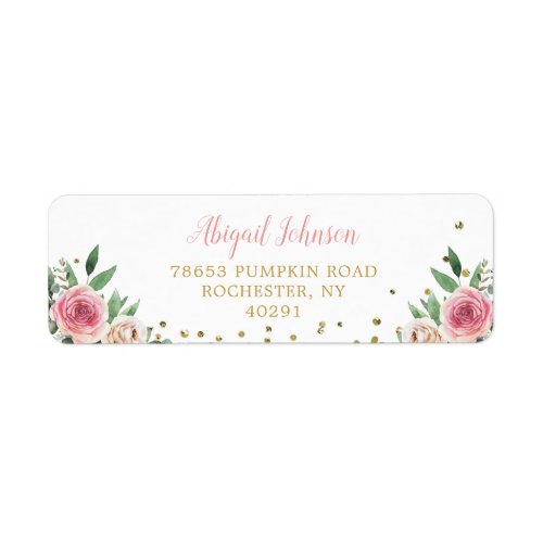 Elegant Watercolor Pink Gold Floral Return Address Label