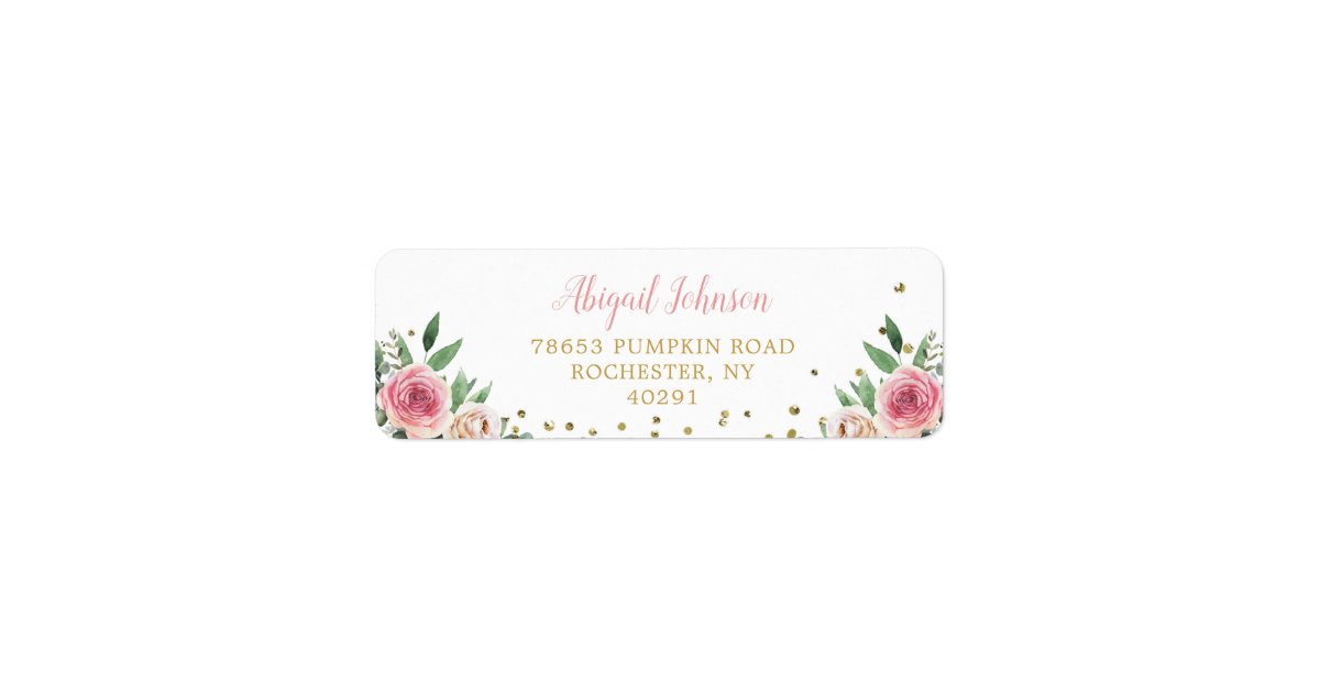Elegant Watercolor Pink Gold Floral Return Address Label | Zazzle