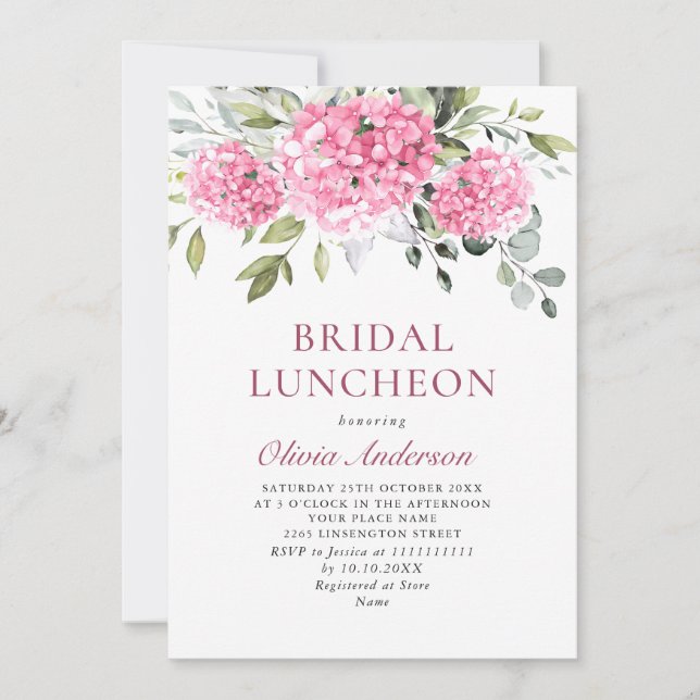 Elegant Watercolor Pink Hydrangea BRIDAL LUNCHEON Invitation (Front)