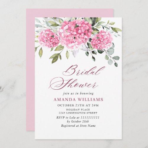 Elegant Watercolor Pink Hydrangea BRIDAL SHOWER Invitation