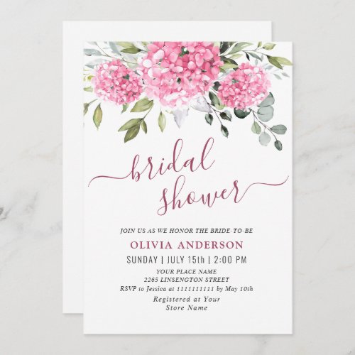 Elegant Watercolor Pink Hydrangea BRIDAL SHOWER Invitation