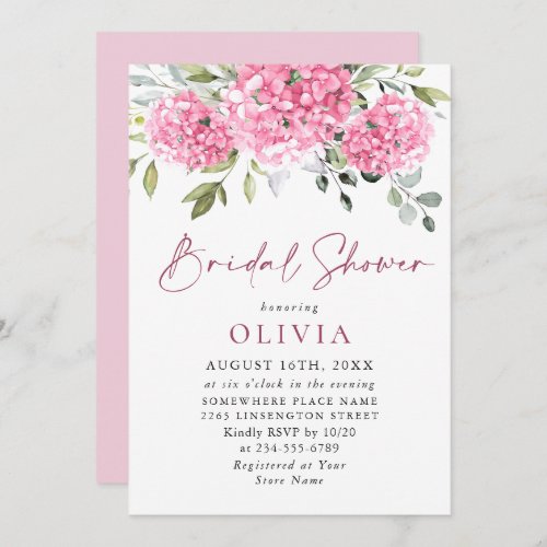 Elegant Watercolor Pink Hydrangea BRIDAL SHOWER Invitation