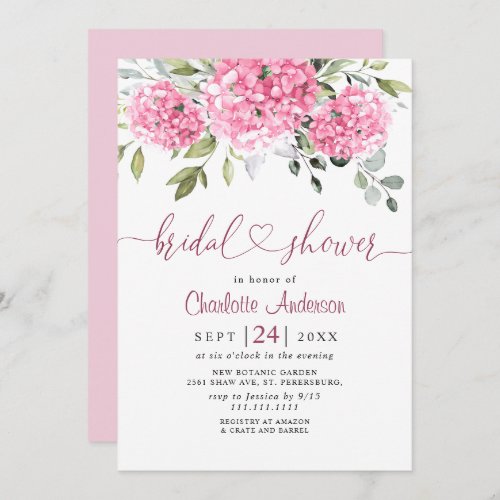 Elegant Watercolor Pink Hydrangea BRIDAL SHOWER Invitation