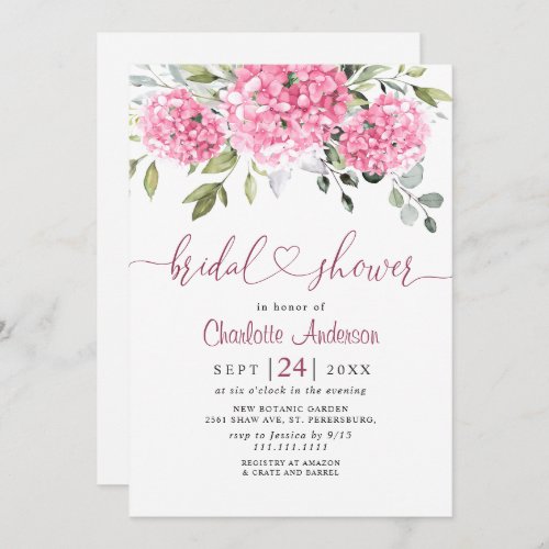 Elegant Watercolor Pink Hydrangea BRIDAL SHOWER Invitation