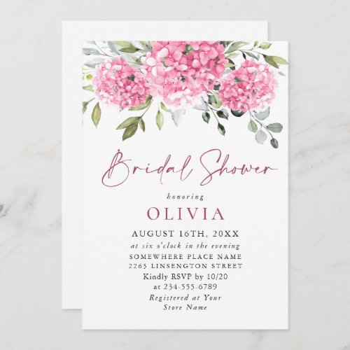 Elegant Watercolor Pink Hydrangea BRIDAL SHOWER Invitation