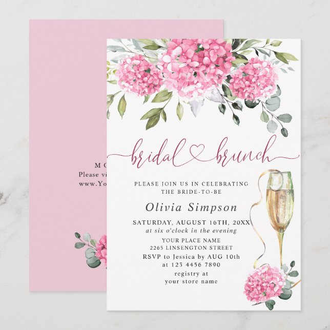 Elegant Watercolor Pink Hydrangea BRIDAL SHOWER Invitation (Front/Back)
